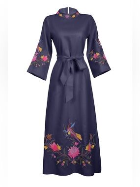 Tuckernuck Fanm Mon Mon Asia Maxi Linen Kaftan Dress Blue Floral Size XL
